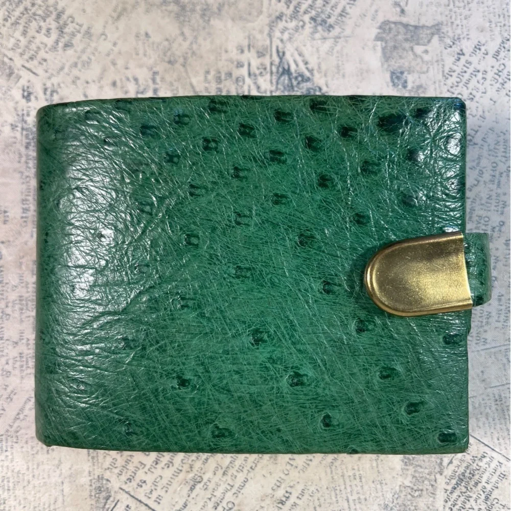 IRMSTAN Vintage bifold green ostrich leather